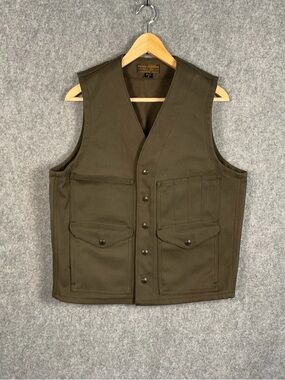 Filson Olive Green Rugged Utility Vest - Men's Heavy-Duty Button Front